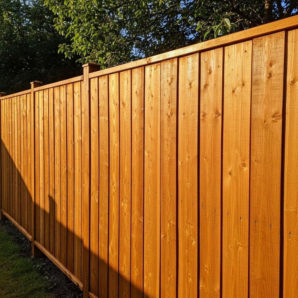 Vertical cedar fence boards stained a warm tone