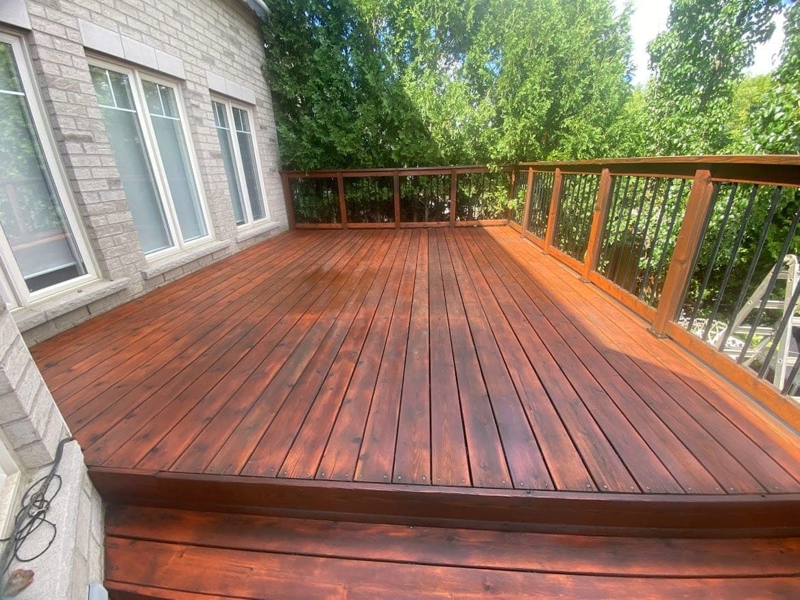 A freshly stained deck in a Kitchener-Waterloo backyard with brush marks visible in the penetrating oil finish