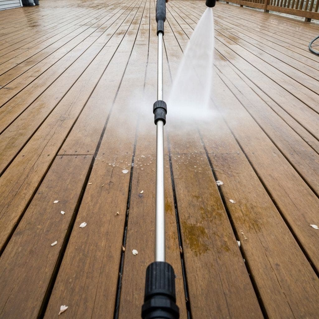 Power washing weathered deck boards