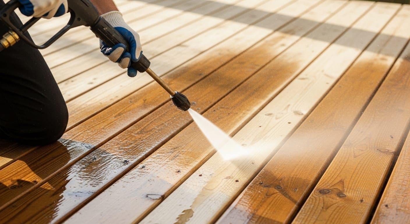 Pressure washing a deck surface before restoration