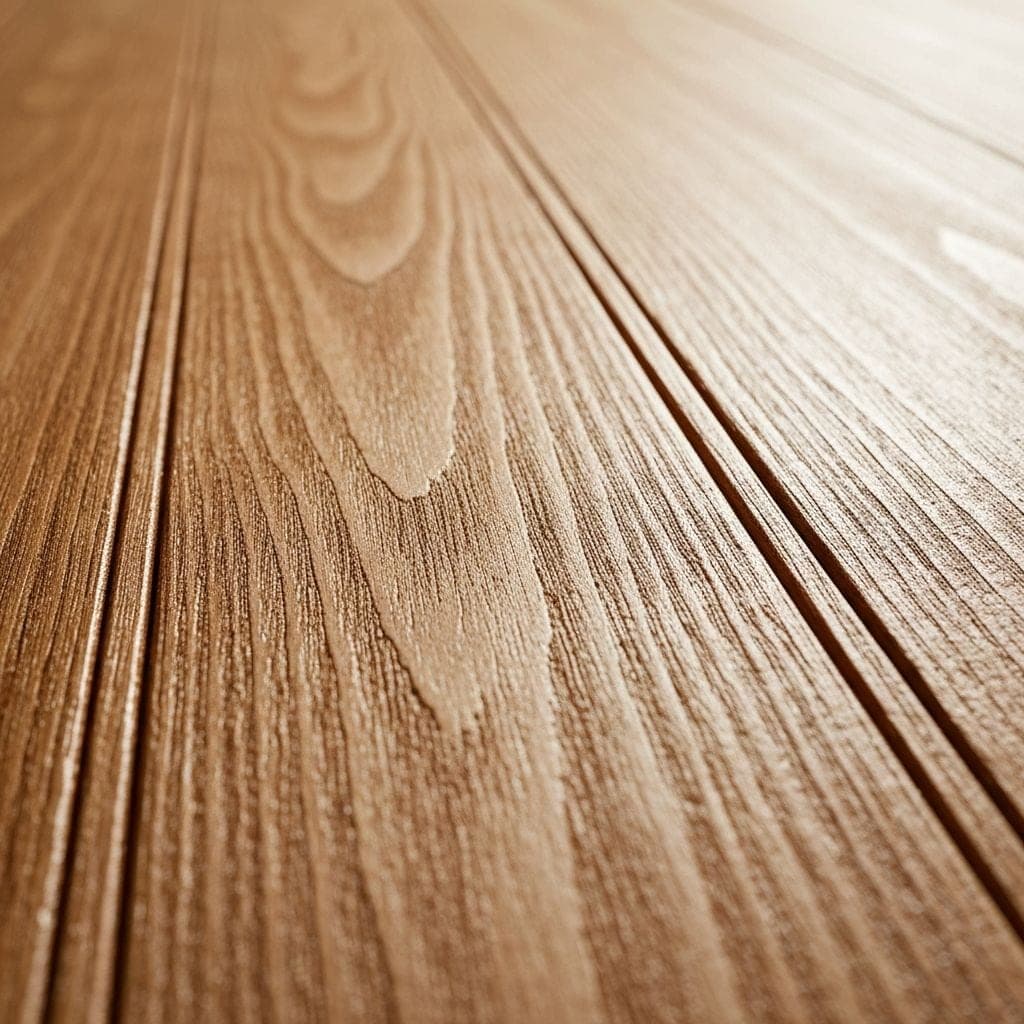 Close-up of stained deck boards showing wood grain